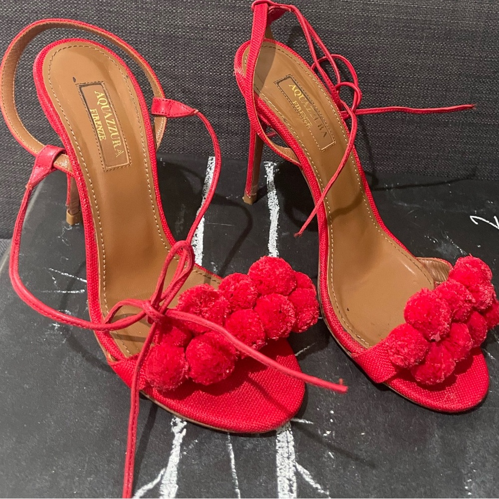 Aquazzura red sandal heels with pom poms. Size 35. Amazing condition